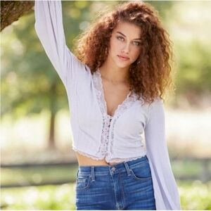 Free People Run With Me Lace Trim Cardigan Size L